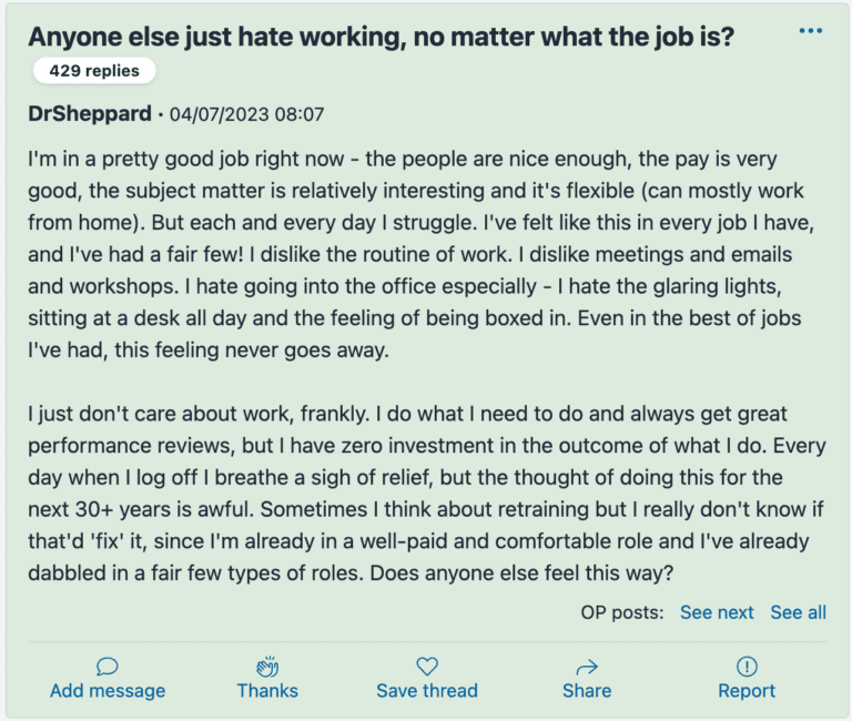 forum post on hating work